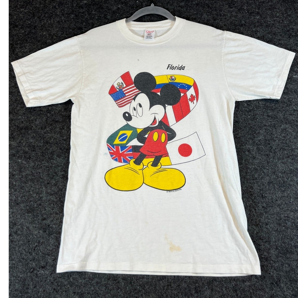 VTG Mickey Mouse Florida Shirt Mens Medium White International Flags Graphic Tee